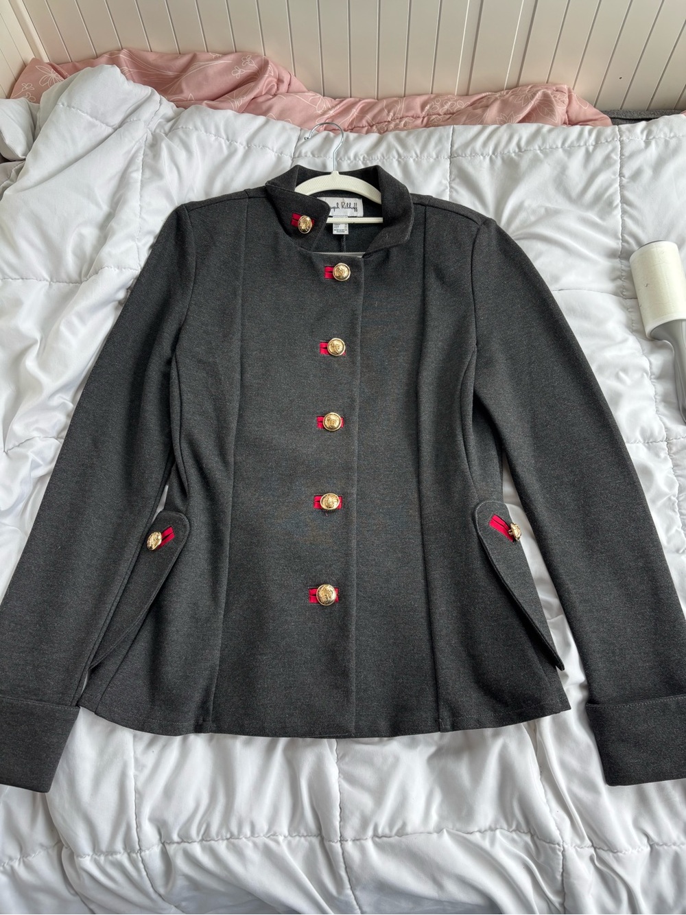 Joseph Ribkoff Jacket 8 Gray Military Gold Button Stand Collar Knit